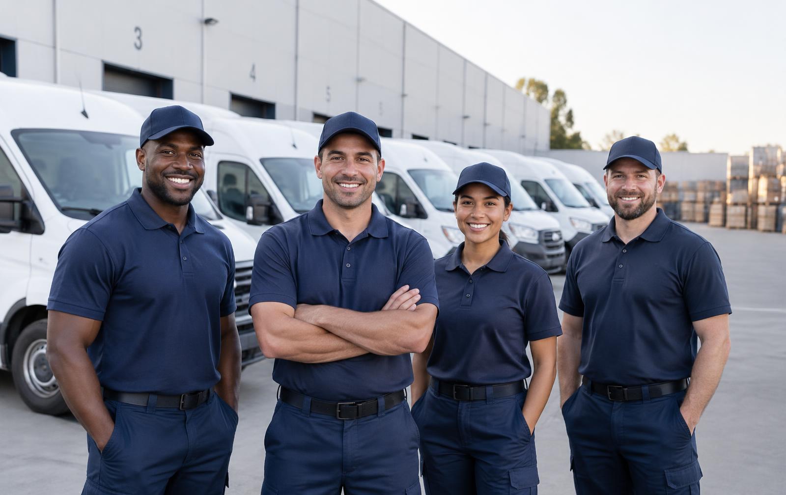 Team of uniformed delivery drivers standing in front of a fleet of cargo vans