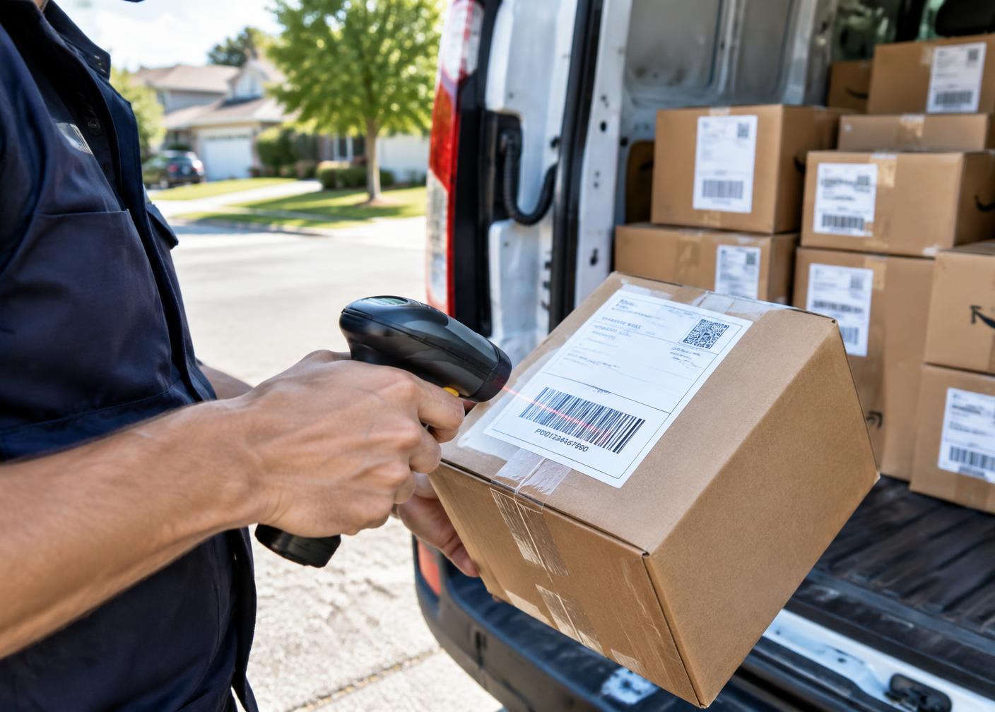 Courier scanning a parcel at the back of a loaded cargo van